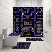 Cartoon Pac Man Game Print Shower Curtain Toilet Lid Cover Bath Mat Rug Set New