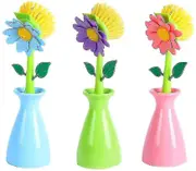 3 Pack Kitchen Scrubbing Brushes, Cute Flower Shaped Long Handle Dishwashing Brush, Blue+green+powder