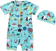 [Generic] Girl N Beach Sets Animal Cartoon Kids Zipper Toddler Girls Swimwear+Hat Baby Girls Swimwear Baby Guard Swimwear Girl