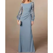 Dusty Blue Sheath / Column Mother of the Bride Dress Elegant Simple Minimalist Boat Neck Floor Length Stretch Crepe Long Sleeve with Lace Embroidery 2025