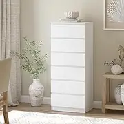 Merryluk 6 Drawer Dresser Chest of Drawers White Dressers Storage Organizer Lowboy Slim Bedside Table Bedroom Furniture Home Living Room Hallway Entryway Kitchen