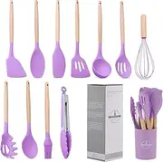 Kitchen Cooking Utensils Set,Non Stick Silicone Utensil Set，12 Piece Wooden Handle Silicone Cookware Set with Stand Eco Friendly & BPA Free (Purple)