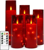 NEW! Boxed Set of 5 Red LED Flameless Candles w Embedded Fairy Lights & Remote!
