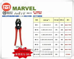 【台北益昌】日本電工第一品牌 MARVEL 新型省力38% 壓著鉗 壓接鉗 MH-38