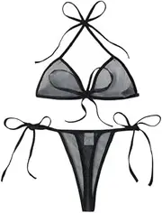 [Generic] Women's See Through Fishnet Swimwear Self-tie Bikini Bra Top with G-String Thong Set