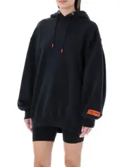 HERON PRESTON Logo Patch Drawstring Pullover Hoodie Black Womens Medium
