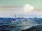 Wave boat Hawaiian Sampan L. Walden Tile Mural Kitchen Backsplash Marble Ceramic