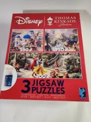 Thomas Kinkade Studio Jigsaw Disney Mickey Minnie Belle Beast 3 Puzzles + Glue