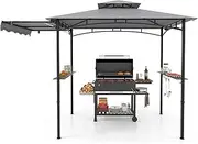 Costway Grill Gazebo with Side Awning, 318 cm x 153 cm Outdoor BBQ Gazebo w/ 2 Side Shelves, Hanging Hooks & Bottle Opener, Double-Tiered Barbecue Canopy for Backyard, Patio (Grey + Black)