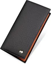 [BISON DENIM] RFID Bifold Wallet Slim Credit Card Wallet Real Leather Men's Long Wallet with Zipper Coin Pocket, Orange, RFID Protected