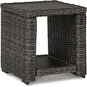 [Signature Design by Ashley] Grasson Lane Outdoor Rattan Square End Table with Storage, Brown