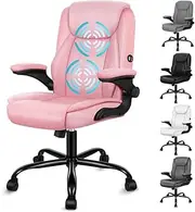 [ALFORDSON] Ergonomic Massage Office Chair Mid Back with Flip-up Armrest, PU Leather Study Chair with SGS Listed Gas-Lift, Gaming Chair for Computer Task Desk, Max Load 150kg (Pink)