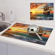 pirate ship in the sunset Dish Drying Mats for Kitchen Counter, Absorbent Microfiber Kitchen Dishes Drainer Mat Large Dish Drying Pad with Hook Coffee Mat Kitchen Accessories 18x24 Inch