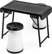 MT ASPIRE Retractable Folding Table and 2 Stools Set, Portable Camping Foldable Sturdy Table Lightweight with Adjustable LED Stools for Camping, Outdoor & Indoor Uses Collapsible Table - Black