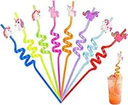 Pack of 12 Unicorn Drinking Plastic Straws + 4 Temporary Tattoos + 1 Cleaning Brush, Reusable Drinking Straws for Birthday Party Accessories