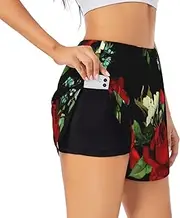 [WURTON] Beautiful Rose Gift Print Exercise Gym Workout Shorts Women's Athletic Shorts Dual-Layered Yoga Running Shorts