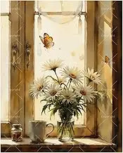 Still Life Paint by Numbers Kit for Adults - DIY Daisies and Butterfly on Windowsill Painting on Canvas 16x20 Inches, Acrylic Paint Set for Beginners, Floral Art for Home Decoration or Gifts