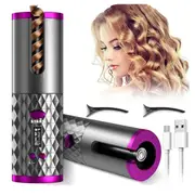 Automatic Curling Iron, Cordless Auto Hair Curler, Ceramic Rotating Hair Curler, Portable Rechargeable Curling Wand for Styling, Purple