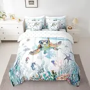 Feelyou Toddler Sea Turtle 7 Pieces Bedding Set Ocean Full Comforter Set with Sheets for Kids Boys Girls Teens Room Decor Reptile Tortoise Bed in a Bag Coastal Bed Set
