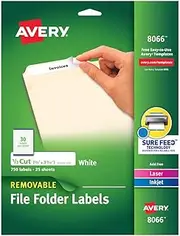 Avery File Folder Labels with Sure Feed, 2/3" x 3-7/16", 750 Printable Labels, Removable, White (8066)