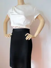 NEW ST JOHN KNIT SZ 6 DRESS BLACK CAVIAR & WHITE CREAM WOOL & RAYON SATIN TOP