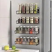 HuggieGems 4 Pack Magnetic Spice Rack Organizer for Refrigerator and Microwave Oven, Metal Fridge Shelf for Kitchen, Black