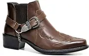 [Generic] Men Western Ankle Boots Buckle Belt stiefs Retro Leather Square Toe Cowboy Short Boots Cowboy Motorcycle bootsBrown,40