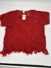 Chico’s Crochet Red Open Fringe Boho Short Sleeve Top Women’s Size 1