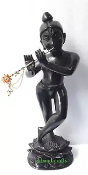 14" Black Marble Lord Krishna Hinduism Handmade Iskcon Statue Decor Gifts Arts