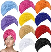 [BISMAADH] 10 Pieces Stretch Turbans Head Beanie Cap Chemo Head Wraps Hair Cover Hats Assorted Colors Twisted for Women Girl