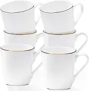 Gang Rinpoche 10 OZ White Porcelain Coffee Mugs, Set of 6 Luxury Fine Bone China Coffee Cups Lightweight Ceramic Mugs for Tea, Cappuccino, Latte, Cocoa (Gold Rim)