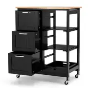 Gymax Rolling Kitchen Island Utility Storage Cart 26.5" Black w/ Drawers+Shelves