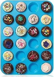 Muffin Tray Silicone Mini 24 Cups, Non Stick Muffin Pan Cupcake Bakeware Baking Mould, Dishwasher Safe (Blue)