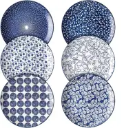 10 inch Porcelain Dinner Plates, Large Size Serving Plate Set of 6 Vintage Blue