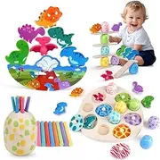 Montessori Toys for Toddlers 2 3 Year Old 4 in 1 Wooden Puzzles for Toddlers Dinosaur Toys for Kids 3 4 5, Color Sorting Sticks Educational Toys for Age 2 3 4 Year Olds Boys Girls Birthday Gifts