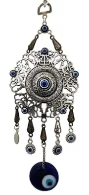 Flower & Evil Eye Beaded Floral Wall Hanging 9" Length Pewter & Blue Glass Decor
