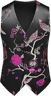 [SMBHIAON] Business Waistcoat For Men - Personalized Floral Bird Pattern V-Neck Design Single Breasted Gentlemen Occasions Suit Vest,Classic Slim Fit Pockets Tuxedo Suit Vest