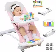 Baby Bouncer 4-in-1 with Wheels, Detachable Piano, Feeding Tray, Play Bar, Thick Base. 3-Level Incline Portable Seat for Infant to Toddler 0-6, 0-12, 12-24 Months Pink