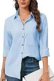 [FaerieFlair] Women's Blouse Long Sleeve Plain V Neck Button Down Shirt Casual Office Work Tops with Pocket