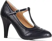 [J. Adams] Tango Heels for Women - T-Strap Round Toe Retro Oxford Pumps
