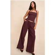 Deep Chocolate Premium Linen Side Tie Detail Wide Leg Pants, Chocolate