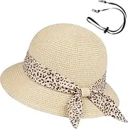 [FENELY] Girls Sun Straw Hat Kids Summer Beach Packable Hats Cute Floppy Cap Adjustable Size with Chin Strap for 5-10 Years