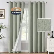 Smarcute 100% Blackout Curtains Linen Textured Chenille Curtains Full Light Blocking Thermal Insulated Curtain Panels Energy Saving with White Liner, 2 Panels, Each W132cm x D243cm, Heather Sage