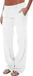 [HanzhuoLG] Women's Slightly Flared Solid Color Pocket Elasticated Waist Cargo Trousers Street Hipster Pants White Small