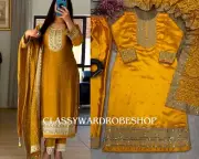 Yellow Salwar Suit Partywear casual Wear kurti panta set readymade Sequins Work