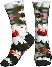 [FSCEV] Flower And White Daisy Sports Running Calf Socks Crew Socks For Sports Activities Walking Travel Daily Wear, 2 Black-2, One size