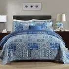 Cotton Bedspread Quilt Sets-Reversible Patchwork Coverlet Set, Blue Classic Bohe