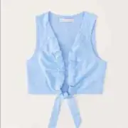 NWT Abercrombie & Fitch Women's Blue Cropped Tie Front Linen Top Size XXS