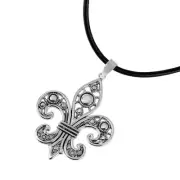 925 STERLING SILVER FLEUR DE LIZ NECKLACE PENDANT W/ 18'' LEATHER CORD/GORGEOUS