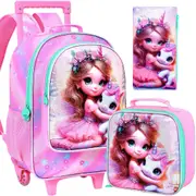 3 Piece Girls Rolling Backpack Set With Lunch Bag Princess